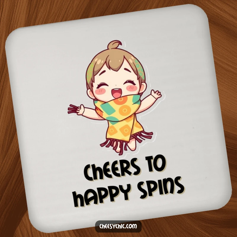 Funny drink coaster featuring a character spinning with pure delight in a bright, patterned scarf, adding playful flair.