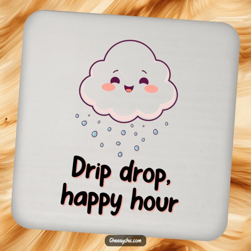 Funny Drink Coaster showcasing a cheerful cloud juggling tiny sparkling droplets, protecting surfaces with playful charm.
