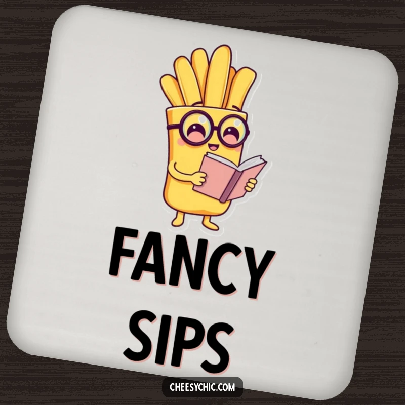 Funny drink coaster featuring a charming anthropomorphic french fry wearing a monocle and reading a tiny book, adding a touch of class.