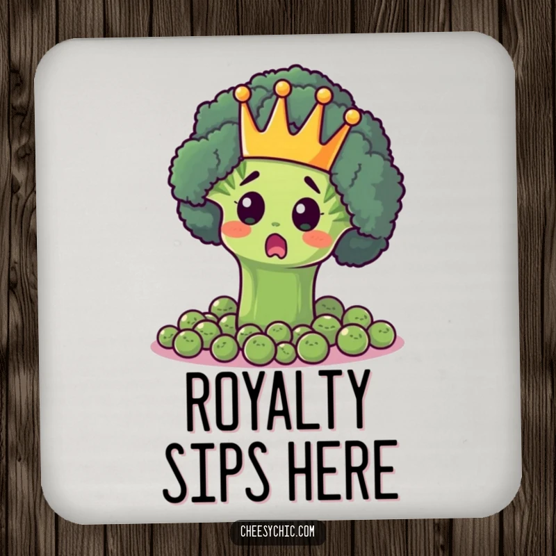 Funny drink coaster featuring a surprised broccoli floret in a crown, ruling over peas, protecting tables with royal humor.