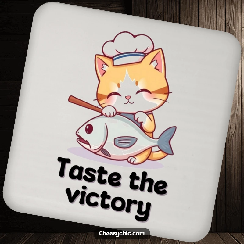 Funny coasters featuring a cute cat in a chef hat batting at a rolling fish, protecting surfaces with humor.