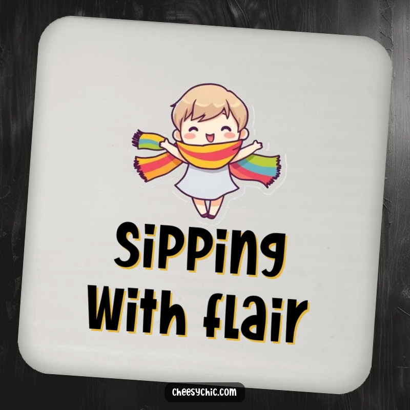 Funny Coasters featuring a small stylized character joyfully dancing, their rainbow scarf creating a beautiful, colorful blur.