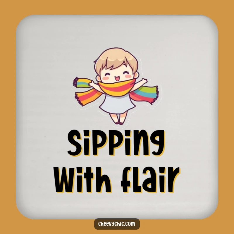 Funny Coaster Set: Dancing Rainbow Scarf Character, Joyful Vibes - Ideal Funny Gift