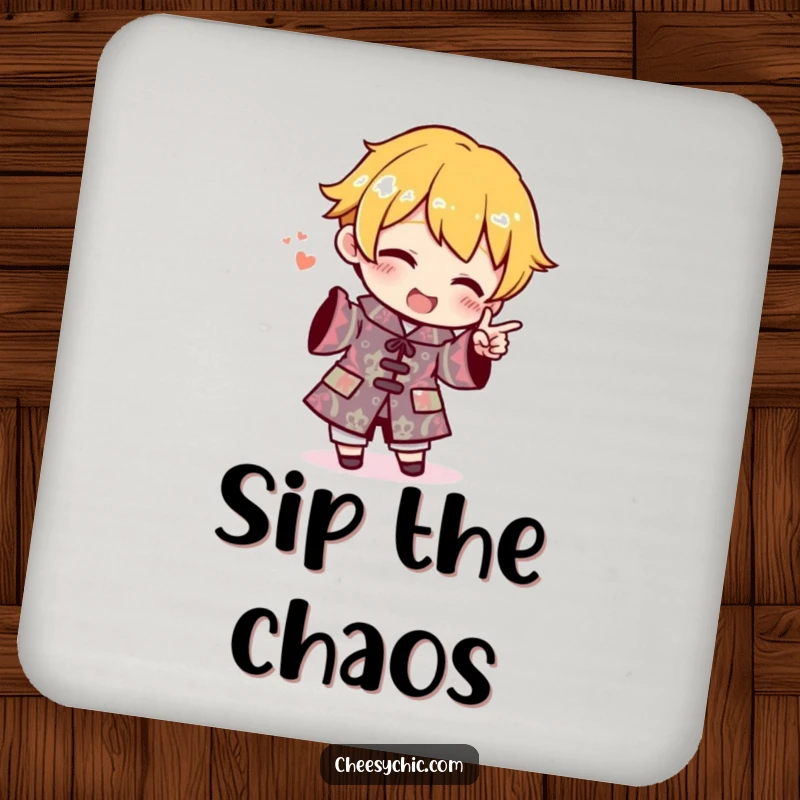 Funny Coasters featuring a small stylized character enthusiastically pointing at an outfit with a loud, busy, and ridiculous pattern.
