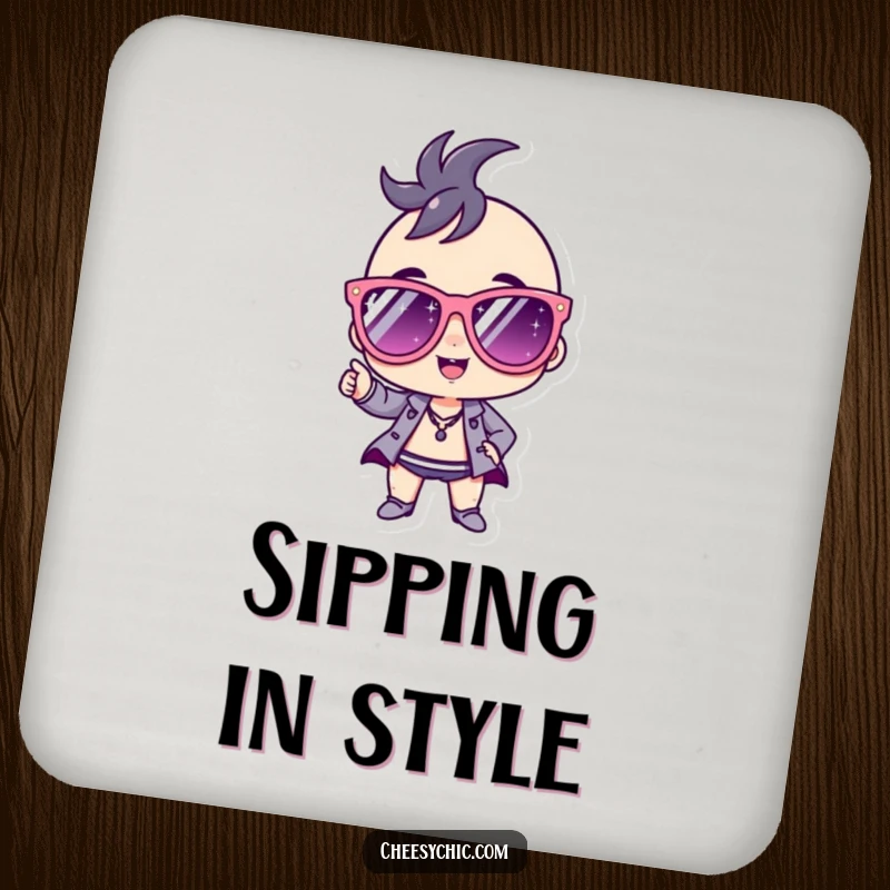 Funny Coasters showcasing a small stylized character in dazzling sparkly sunglasses, striking a confident and fashionable pose.