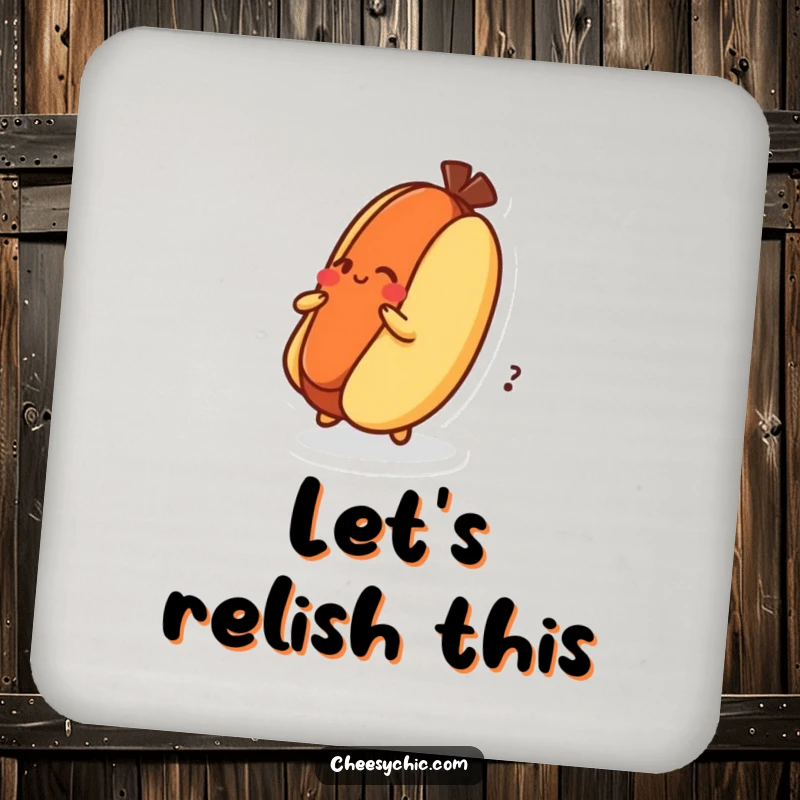 Funny Drink Coaster showcasing a dizzy hot dog character spinning on its bun, a fun table accessory.