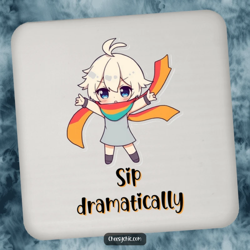 Funny drink coaster featuring a character in a dramatic pose, a rainbow scarf flowing, adding a touch of stylish decor.