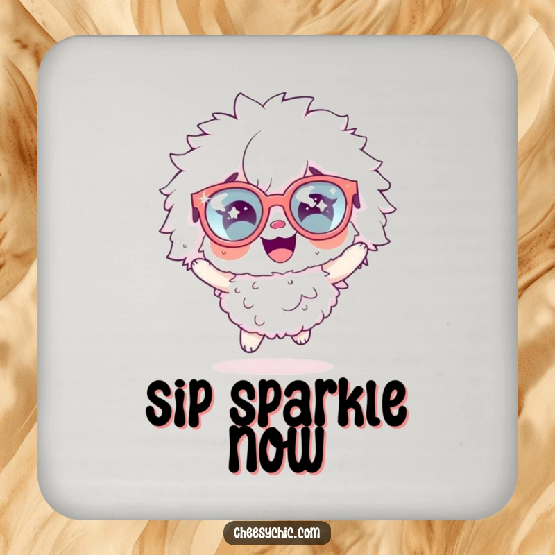 Funny drink coaster featuring a fluffy character wearing oversized sparkly glasses, captured in a happy, hopping stance.