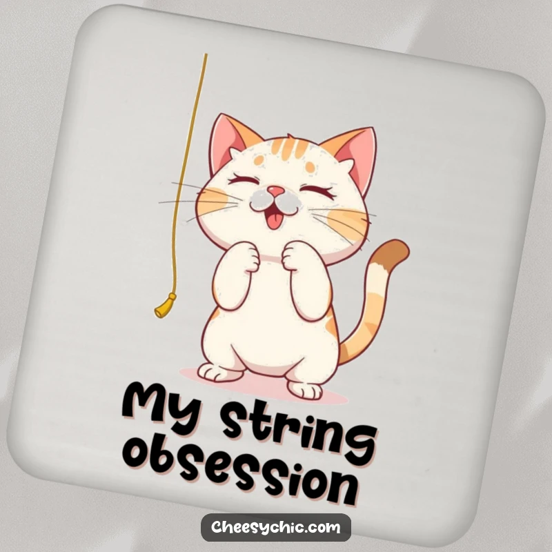 Funny coasters featuring a cute cat intensely batting at a dangling string, protecting surfaces with humor and focus.