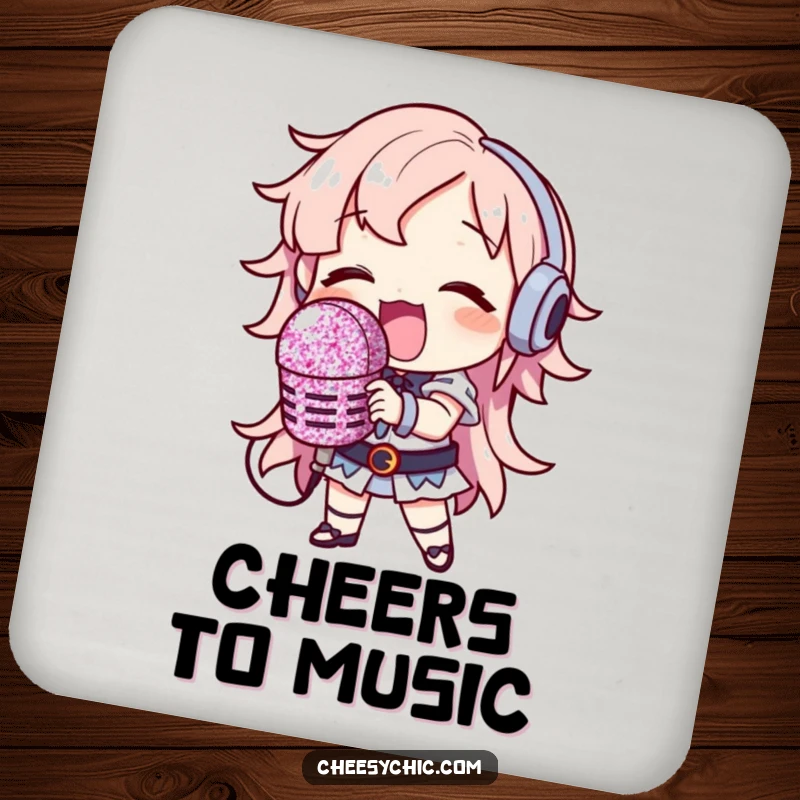 Funny Coaster: Character singing loudly with a large, glitter-covered microphone, humorous and protective surface.