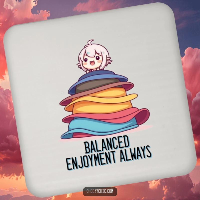 Funny drink coaster featuring a character joyfully balancing on a stack of colorful hats, with a look of pure delight.