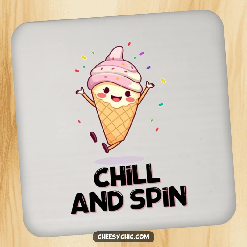 Funny coaster featuring a smiling anthropomorphic ice cream cone doing a cartwheel with sprinkles flying, a delightful addition to any table.