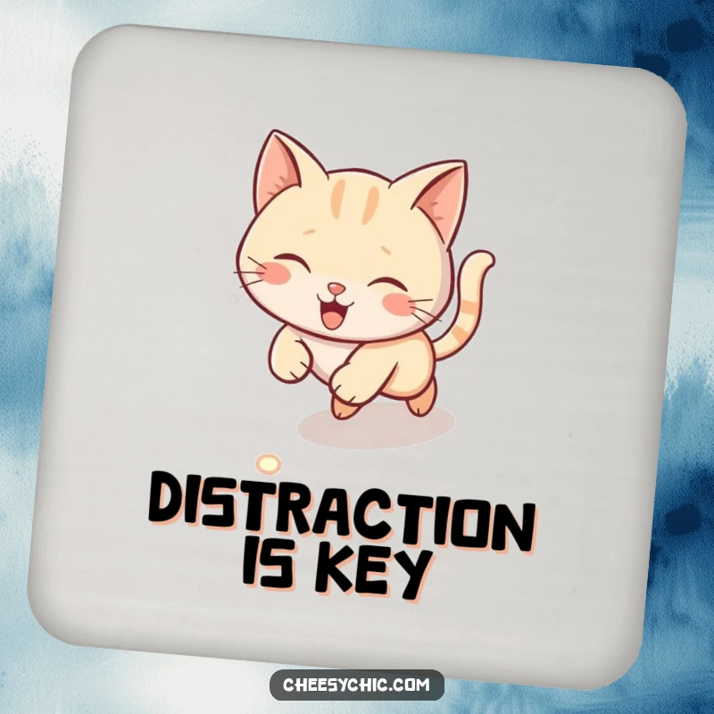 Funny coasters featuring a cute cat chasing a laser dot on the floor, protecting surfaces with humor and speed.