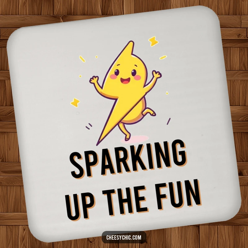 Funny Drink Coaster showcasing a happy lightning bolt performing a cartwheel, protecting surfaces with electric flair.