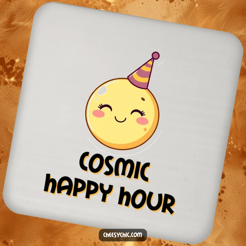 Funny Drink Coaster showcasing a smiling moon wearing a tiny party hat, protecting surfaces with a touch of humor.