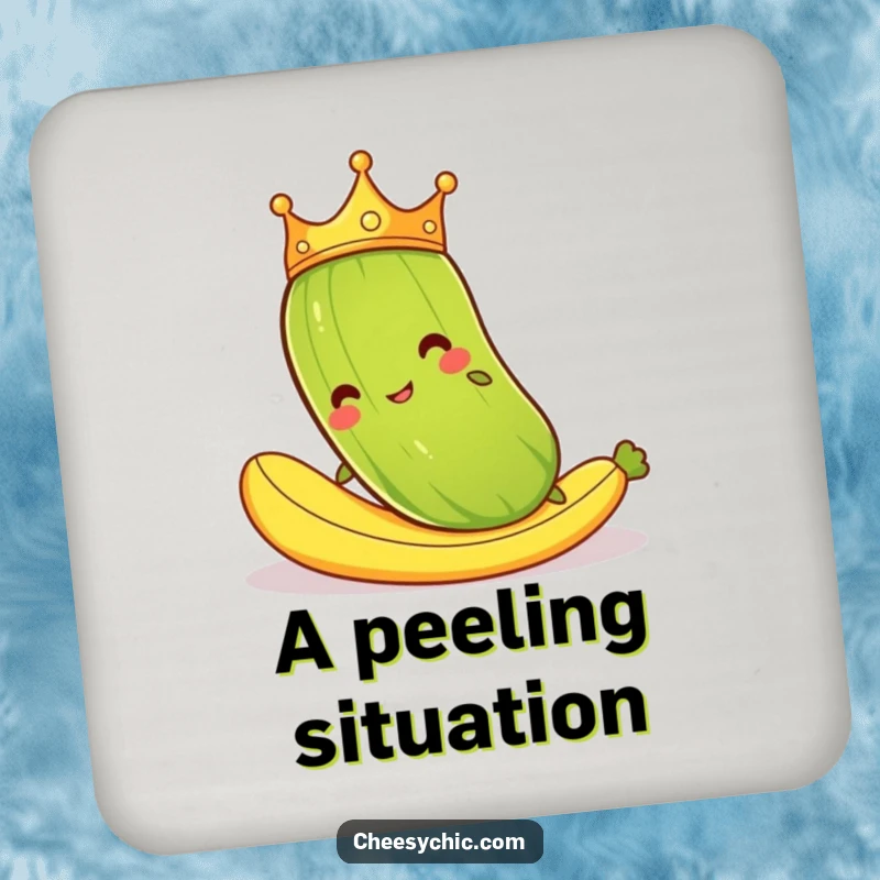 Funny coaster featuring a cartoon pickle wearing a crown, comically slipping on a banana peel, a humorous addition to any table.