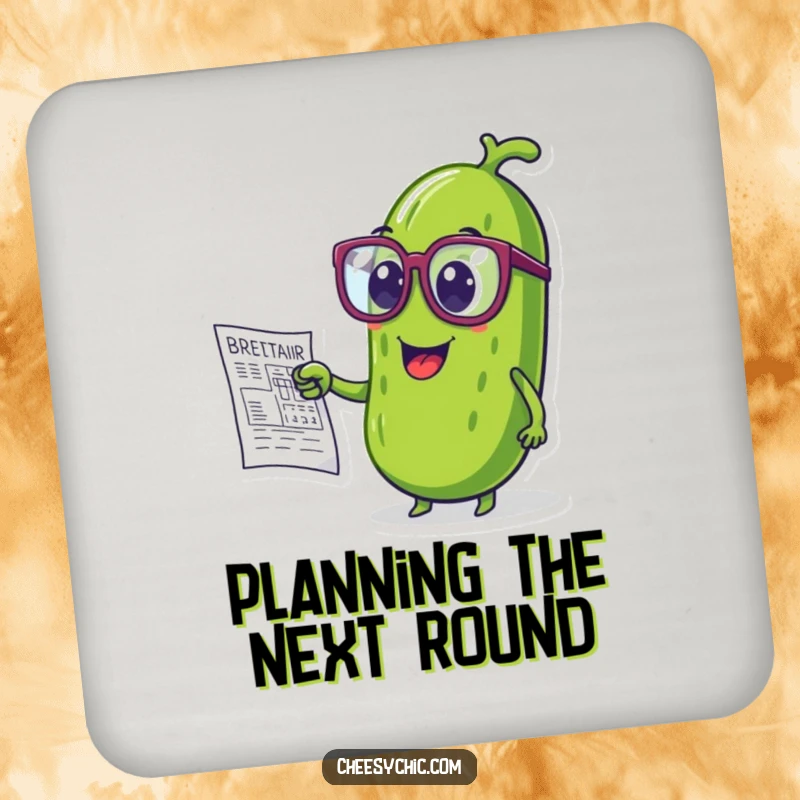 Funny drink coaster with a pickle wearing oversized glasses, pointing at a blueprint, protecting surfaces.