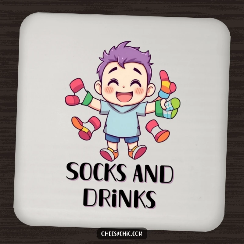 Funny drink coaster featuring a grinning character juggling brightly colored, mismatched socks, adding a touch of fun decor.