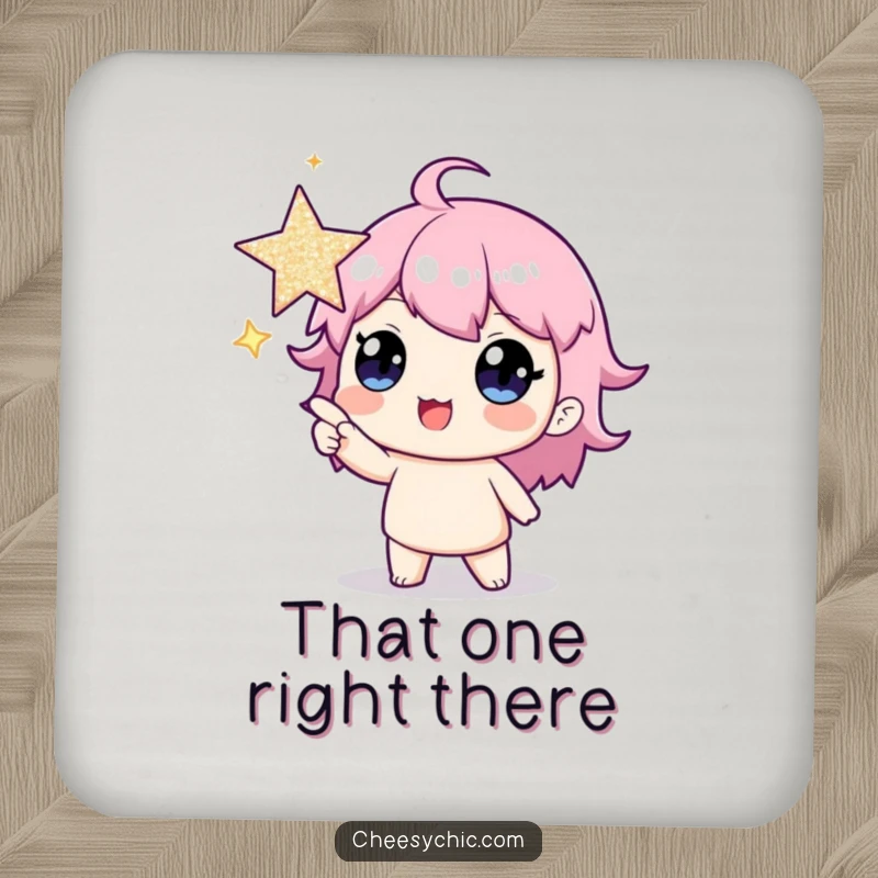 Funny drink coaster with a character pointing at a big, shiny star, adding a touch of humor to beverage service.