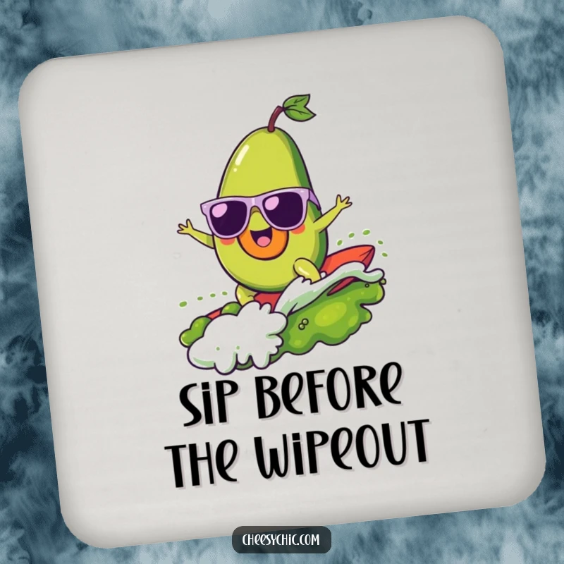 Funny drink coaster featuring a cheerful avocado wearing sunglasses, surfing a guacamole wave, protecting tables with style and humor.