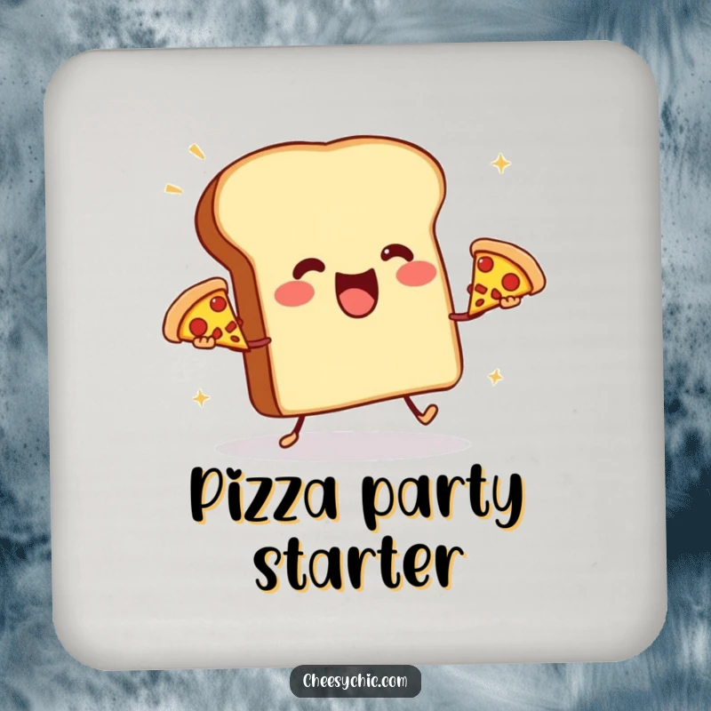 Funny coaster featuring an anthropomorphic toast aggressively juggling three small pizzas, a whimsical and protective addition to any surface.