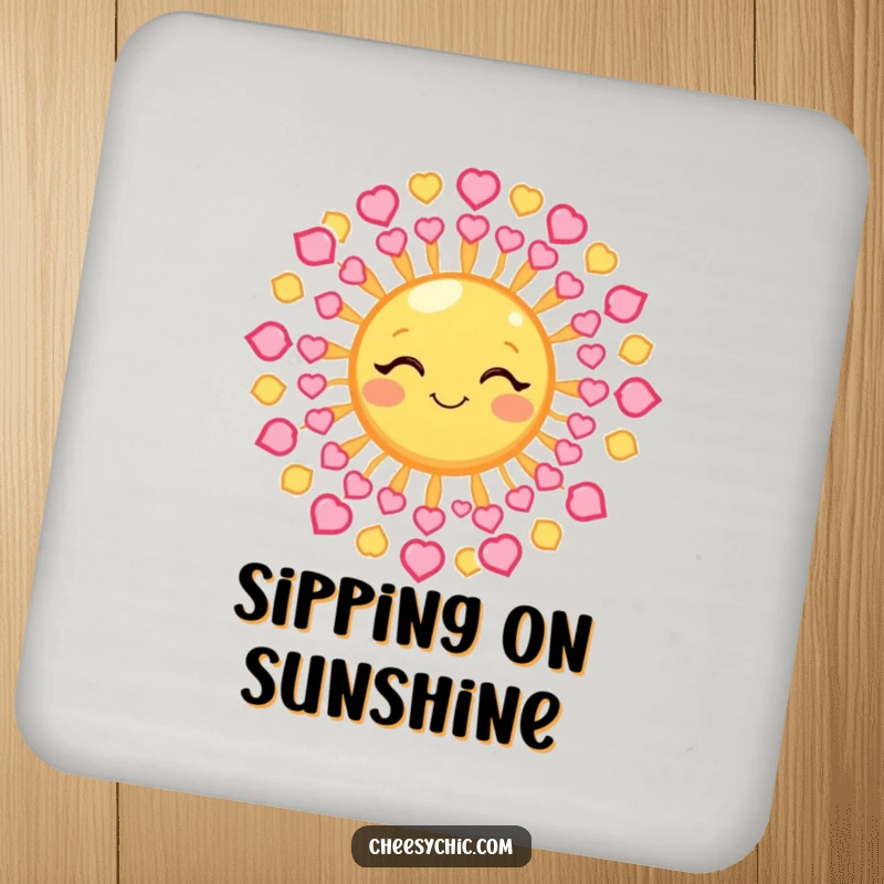 Funny Drink Coaster showcasing a winking sun with rays made of tiny hearts, protecting surfaces with warm charm.