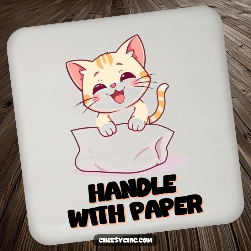 Funny coaster featuring a cute cat character in a hilarious, energetic pounce towards a crumpled piece of paper.