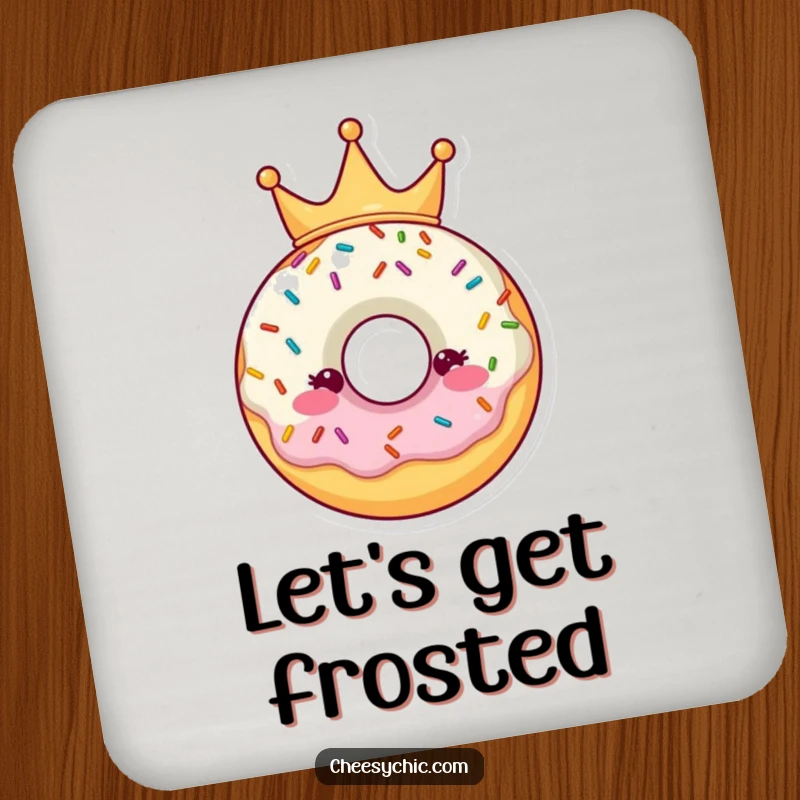 Funny Drink Coaster showcasing a donut character wearing a sprinkle crown, adding royal charm to home decor.