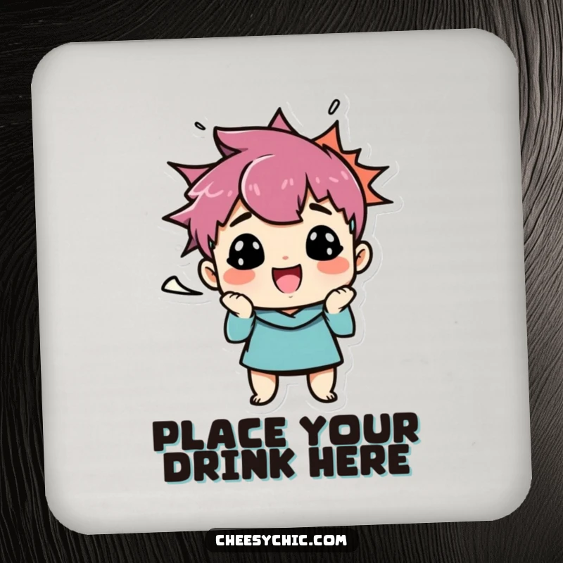 Funny drink coasters featuring a small, stylized character making a funny face, with a speech bubble adding a layer of comical conversation.