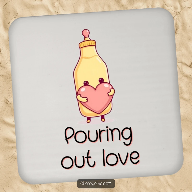 Funny drink coaster featuring a smiling anthropomorphic condiment bottle joyfully squeezing out a giant heart, protecting surfaces with humor.