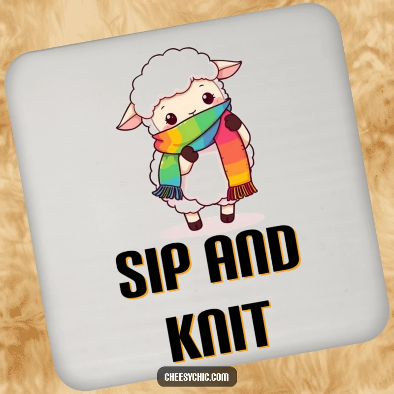 Funny drink coaster featuring a fluffy sheep hilariously trying to knit a rainbow scarf with its hooves, protecting surfaces with humor.