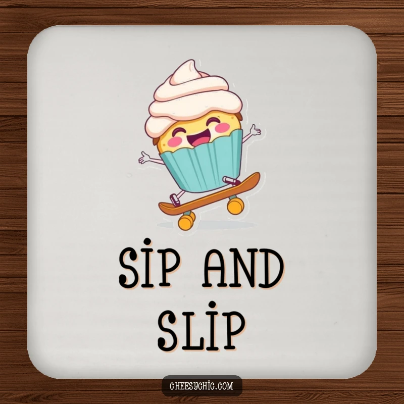 Funny drink coaster featuring a happy anthropomorphic cupcake comically falling off a tiny skateboard, adding a whimsical touch.