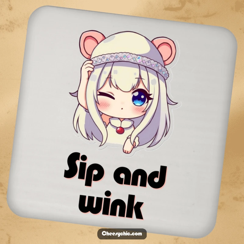 Funny drink coaster featuring a character winking while adjusting a tiny, sequined hat, adding a touch of stylish decor.