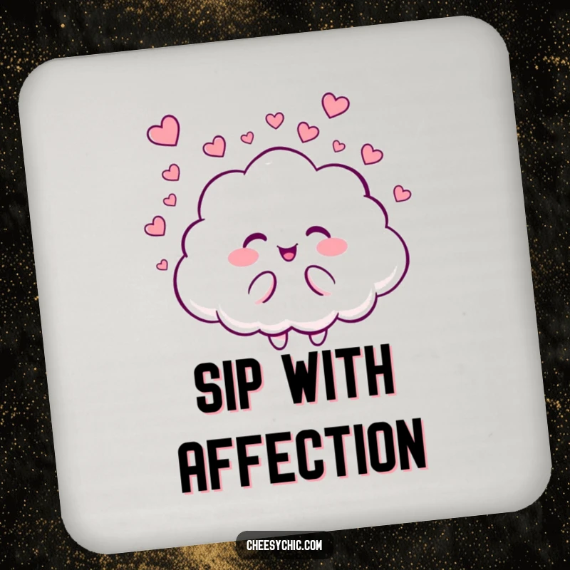 Funny drink coaster featuring a giggling cloud character raining tiny hearts, protecting surfaces with adorable charm and humor.