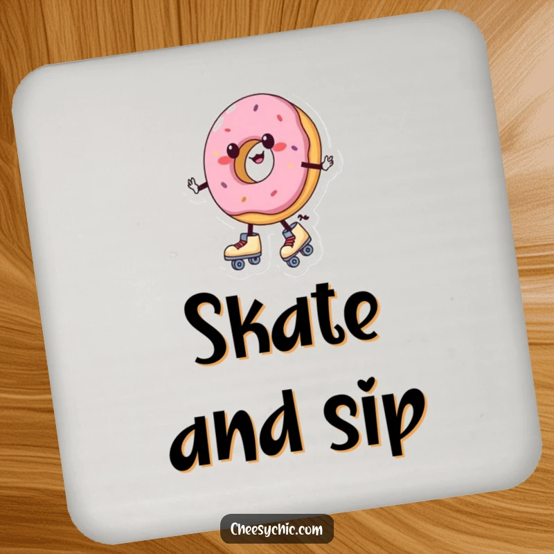 Funny coaster featuring a charming anthropomorphic donut wearing roller skates and wobbling, a whimsical addition to any table.
