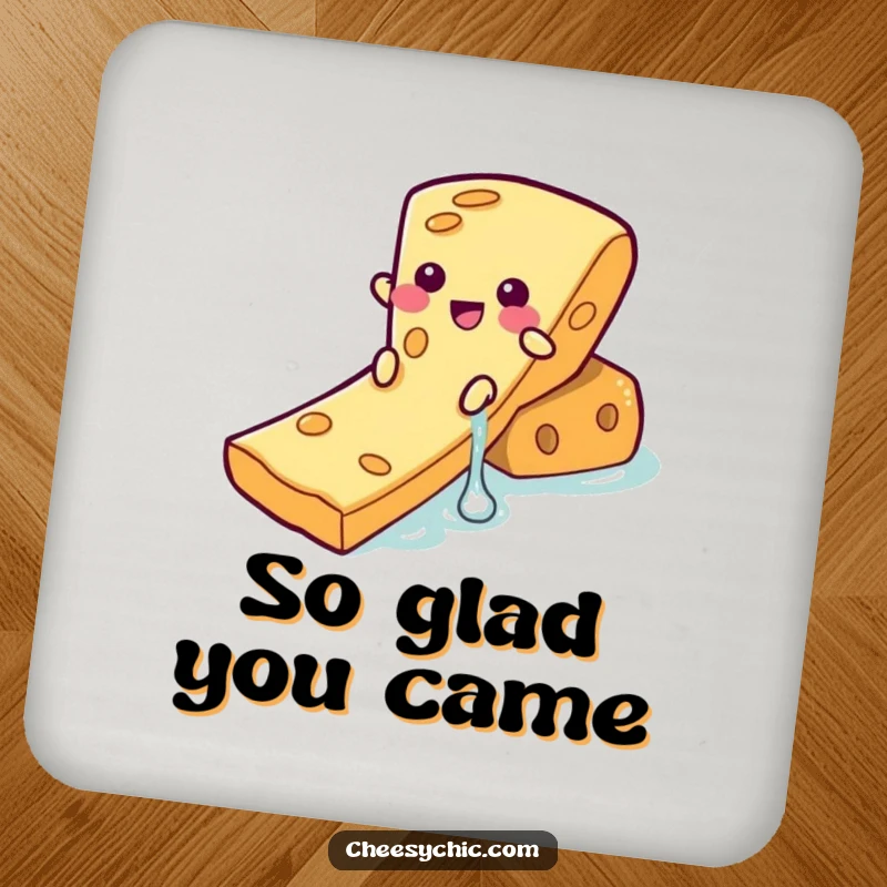 Funny Drink Coaster showcasing a cheese slice character enjoying a waterslide ride down a cracker, a humorous table protector.