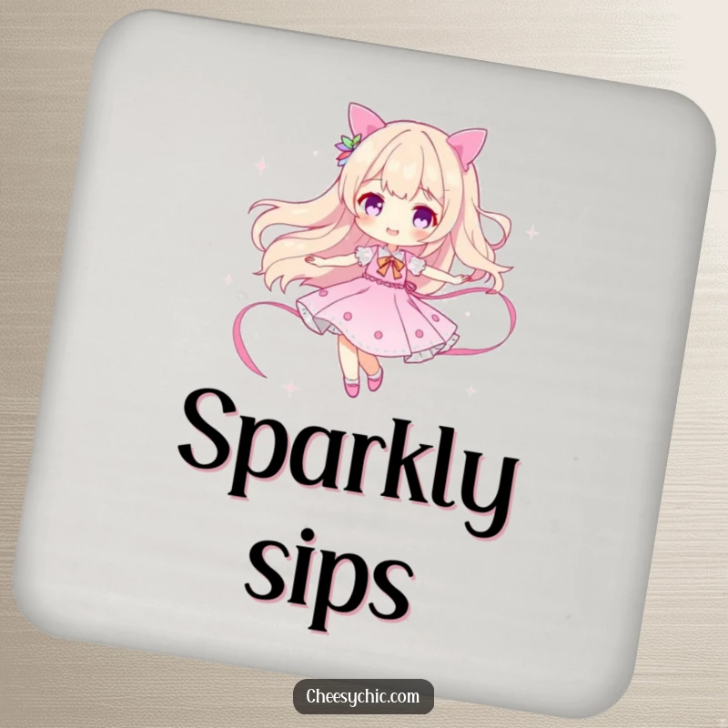 Funny drink coaster with a character twirling, leaving a sparkle ribbon, perfect for adding humorous charm to beverages.