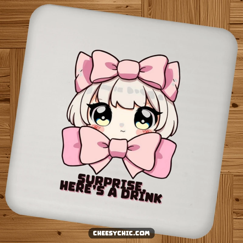 Funny drink coaster featuring a character with big, bright eyes peeking from behind a decorative bow, adding playful flair.