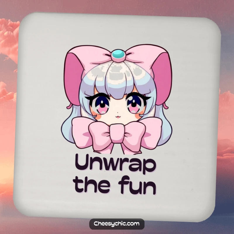 Funny Coaster: Character peeking from behind a giant bow, with wide, sparkling eyes, humorous and protective.