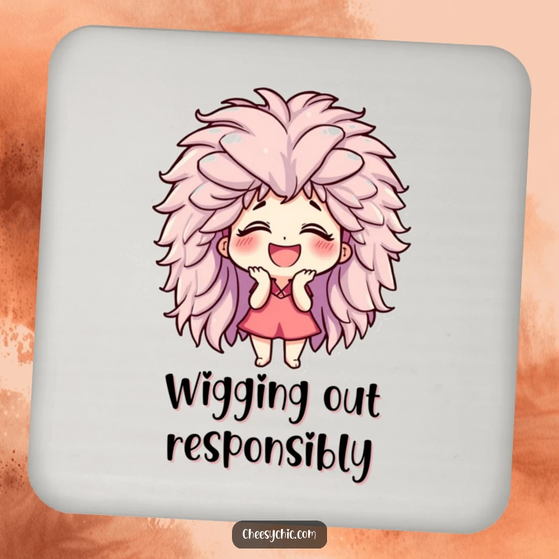 Funny drink coaster featuring a small stylized character giggling uncontrollably while wearing a giant, fluffy wig, adding quirky humor to your table.
