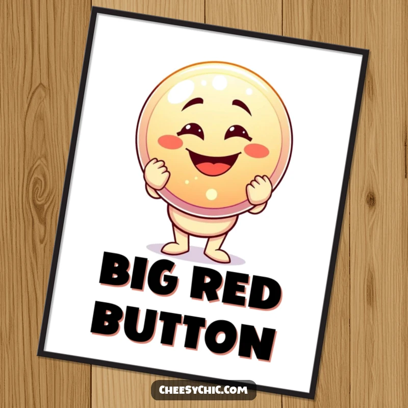 Funny poster art of a character with a goofy grin holding a huge, sparkling button, symbolizing accomplishment and lighthearted fun.