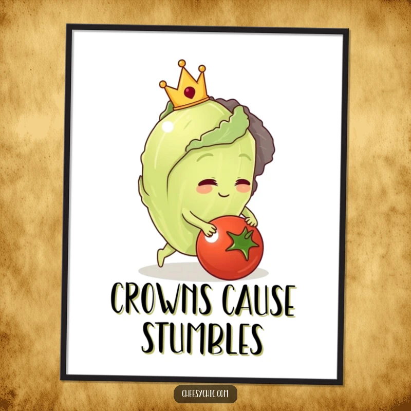 Funny poster showcasing a lettuce wearing a crown, tripping comically over a bright red tomato.