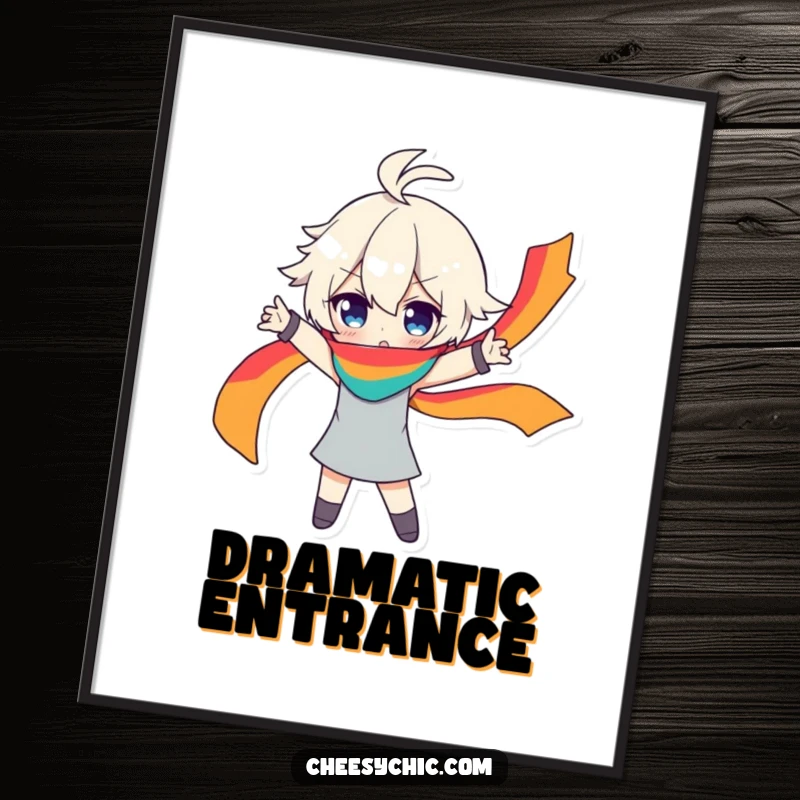 Funny poster of a character striking a dramatic pose, a vibrant rainbow scarf flowing behind, creating a theatrical and stylish image.