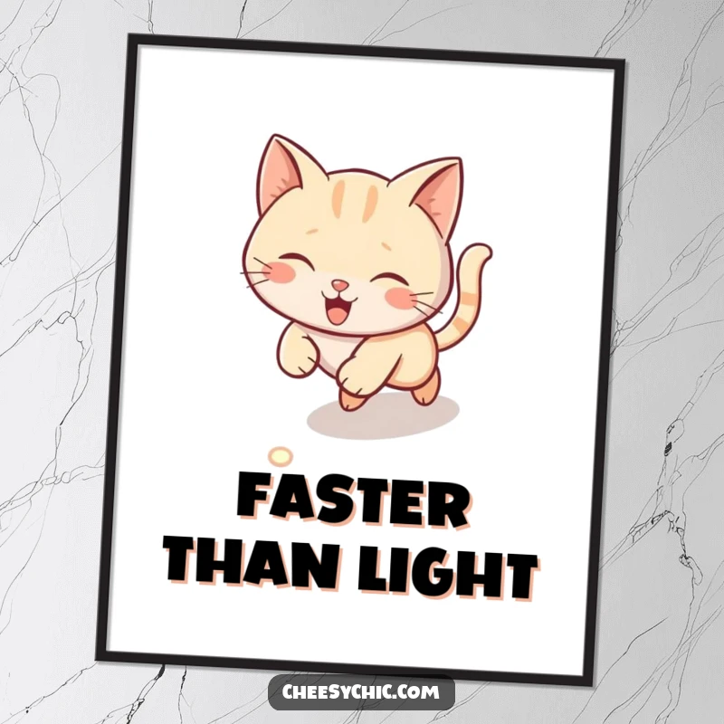 Funny poster of a cute cat excitedly chasing a laser pointer dot across the floor, capturing motion and humor.