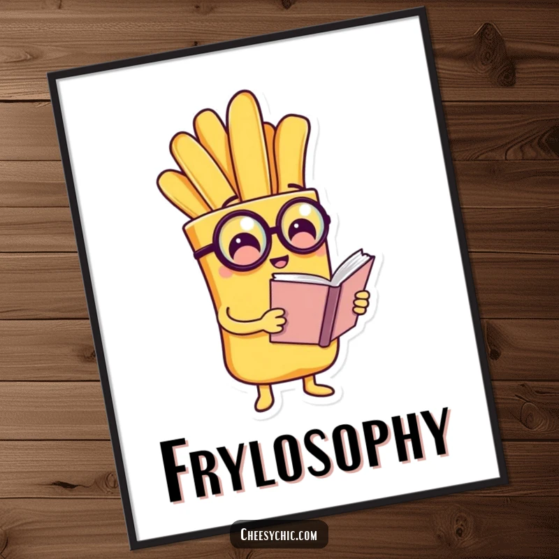 Funny poster art of a charming anthropomorphic french fry wearing a monocle and reading a tiny book, exuding vintage charm.