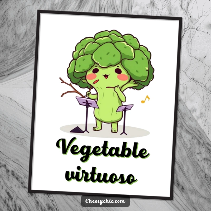 Funny poster art of an adorable anthropomorphic broccoli conducting an invisible orchestra with a twig, creating a vibrant scene.