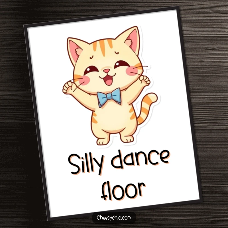 Funny poster displaying a cute cat character wearing a tiny bow tie, caught mid-silly dance with infectious energy.