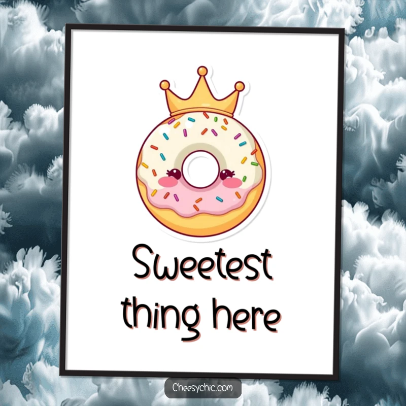 Funny Poster featuring a whimsical donut character crowned with sprinkles, a delightful piece of sweet and humorous wall art.