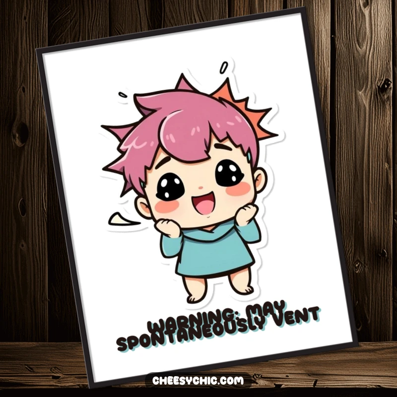 Funny poster showcasing a small, stylized character with an extreme funny face, accompanied by an energetic speech bubble conveying its amusing sentiment.