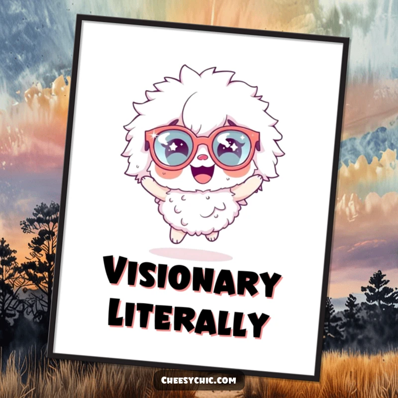 Funny poster featuring a fluffy character wearing oversized sparkly glasses, enthusiastically hopping, creating a vibrant and joyous visual.